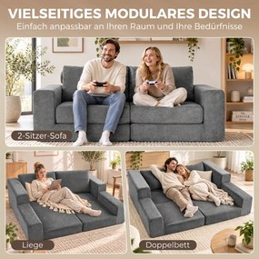 HOMCOM Sofa rozkładana 4-w-1 z funkcją spania, rozkładana, poduszki, 2-osobowa, szara | Aosom PL