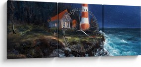 Obraz - Latarnia morska na brzegu oceanu, akwarela (z zegarem) (90x30 cm)