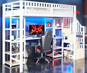 Łóżko na antresoli 90x200 cm - Zintegrowana drabina z pojemnikami - Wbudowane biurko - Listwa LED + port USB - biały (materac nie jest wliczony w cenę)