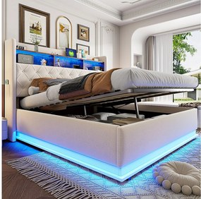 Łóżko z pojemnikiem 180 x 200 cm i zagłówkiem ze schowkiem - ładowanie przez USB i diody LED - tkanina lniana - beż