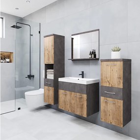 Nowoczesne meble łazienkowe, wiszący zestaw z umywalką, lustrem i słupkami, matera / kasztan mat