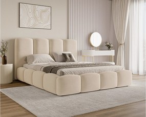 BESILIO Łóżko chmurka z pojemnikiem i stelażem 200x200 Puffy - welurowe łóżko tapicerowane - Beżowy