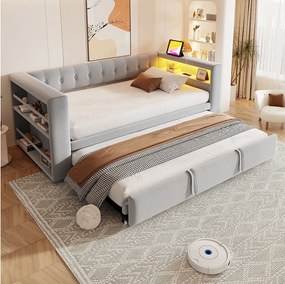 Łóżko wysuwane 90/180 x 190 cm - Łóżko pojedyncze z oświetleniem LED i półką do przechowywania - flanela jasnoszara - materac nie jest wliczony w cenę