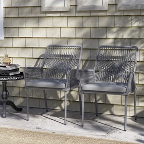 Outsunny Zestaw 2 Krzeseł Ogrodowych, Krzesła Tarasowe, Zdejmowane Poduszki, Oparcie, Podłokietniki, Stal, Rattan, Ciemnoszary