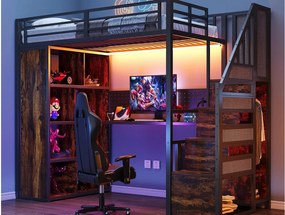 Łóżko na antresoli metalowe 90x200 cm - z otwartym wieszakiem i przegródkami do przechowywania - z biurkiem i drabiną - z taśmą LED - czarny