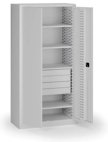 Szafa warsztatowa, 4 półki + 4 szuflady, 1950 × 950 × 500 mm, szare drzwi