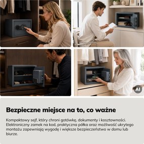 Mały sejf domowy, elektroniczny zamek na kod, na pieniądze i dokumenty, 350x250x250 mm: DORIAN