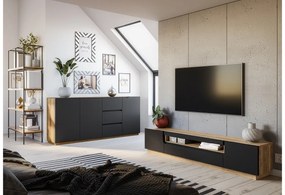 Szafka RTV Loftia 200 cm dwudrzwiowa z wnęką - artisan / czarny mat