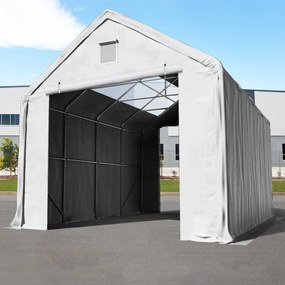 TOOLPORT 4x8m Hala namiotowa - 3 m wysokość ścian bocznych z 3x3m bramą, PRIMEtex 2300 z oknami dachowymi, szary, ze statyką (podłoże gruntowe) - (49830)