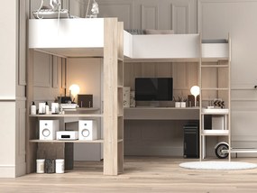 Łóżko antresola podwójne narożne 2 x 90 x 200 cm -  ze skrzynią i i biurkami - Biały i naturalny - LASCANO