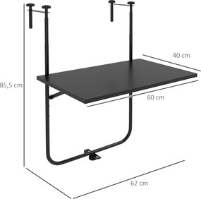 Outsunny Stolik balkonowy, dla balustrad o grubości 6-15 cm, regulowany, składany, odporny na rdzę, metal, 62x60x85,5 cm, czarny | Aosom PL