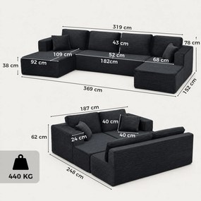 HOMCOM Modułowa sofa w kształcie U z 2 szezlongami, sztruksowa sofa rozkładana z pianką o wysokiej gęstości i sprężynowym wypełnieniem, Ciemnoszara | Aosom PL