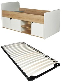 Łóżko 90 x 190 cm z ze skrzynią - Kolor: Naturalny i biały + Stelaż - LOSTYA