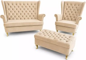 Zestaw Uszak głęboko pikowany – sofa 2-osobowa, fotel uszak i podnóżek 90 cm
