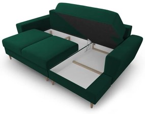 Zielony aksamitny rozkładany/ze schowkiem narożnik (prawostronny/z szezlongiem) Kyoto – Cosmopolitan Design
