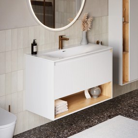 Szafka podumywalkowa BELDIVO 100 cm z umywalką ceramiczną DuravitOtwarta półka z oświetleniem LED - Z wewnętrzną szufladą