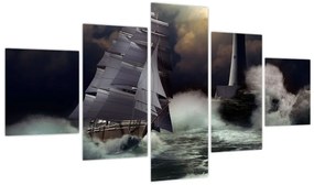 Obraz - Statek płynący przez wzburzone fale (125x70 cm)