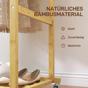 HOMCOM Wieszak na kółkach, wieszak z drążkiem, półka na buty, z bambusa, 80 x 40 x 160 cm, naturalny | Aosom PL