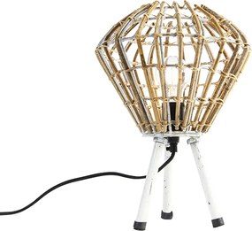 Rustykalna lampa stołowa trójnóg bambusowa z białym - Canna Diamond