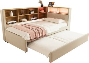 Kanapa rozkładana 90x200 - z łóżkiem wysuwanym 90x190 cm - z gniazdem USB - liczne schowki - tapicerowane łóżko - beżowe (materac nie wliczony)