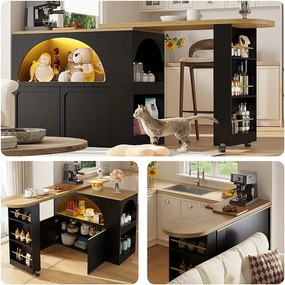 Rozkładany stół barowy z miejscem do przechowywania - 135-205 x 39 x 100 cm - mobilna wyspa kuchenna z diodami LED + 2 drzwi - MDF - czarny