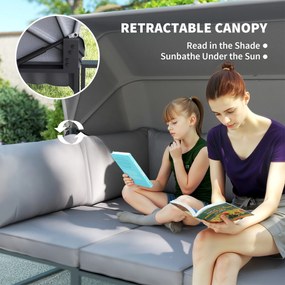 Outsunny Zestaw mebli zewnętrznych, sofa 3-osobowa z baldachimem, 2 krzesła, stolik kawowy z blatem szklanym, 12 poduszek, stalowa rama, Szary