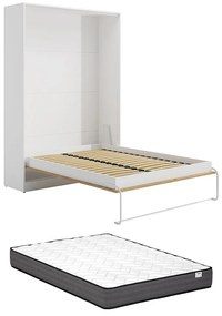 Łóżko chowane w ścianie 160 x 200 cm - Otwieranie pionowe ręczne - Kolor: Naturalny i biały + Materac - BEGANIO