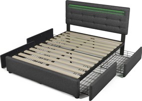 Łóżko 140x200cm z lnu z LED + 2 szuflady + stelaż na listwy - Szary