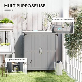 Outsunny Szafka Ogrodowa, Szafka na Narzędzia do Zewnętrznego Użytku, z Powierzchnią Roboczą, Drewno i Stal Nierdzewna, Podwójne Drzwi, Szary