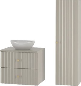 Kaszmirowy Zestaw Łazienkowy 60cm Szafka z Blatem Umywalka Słupek Ryflowane Fronty Aqua