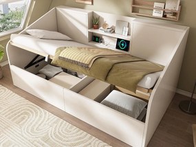 Rozkładana sofa z pojemnikiem 90x200cm - z USB/Type-C - z 2 półkami - MDF + drewno lite - biały​ (materac nie jest wliczony w cenę)