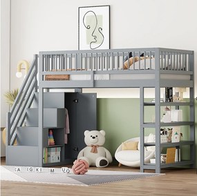 Łóżko piętrowe dla dzieci - 90 x 200 - z barierką + szafa + półki - drewno - szare