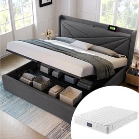 Łóżko dla dorosłych 160x200 cm – z zagłówkiem, portem USB/typu C, stelażem – szary len – materac w cenie