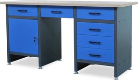 Szeroki stół warsztatowy z szafką i szufladami Frank antracytowo-niebieski
