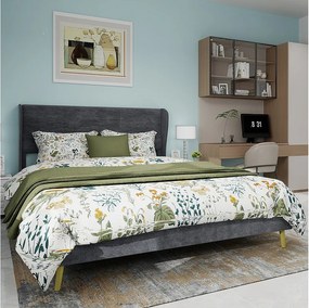 Łóżko dla dorosłych 160 x 200 cm - Łóżko małżeńskie z drewnianymi nogami i miękkim oparciem - szary aksamit - materac nie jest wliczony w cenę