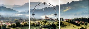 Obraz - wieś we mgle (z zegarem) (90x30 cm)