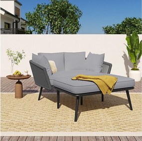 Sofa ogrodowa 2-osobowa z poduszkami, leżak - Stal i poliester - do ogrodu, na balkon - Szara