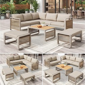 Zestaw mebli ogrodowych 6-7-osobowy - sofa + stół + 2 hokery + poduszki na siedzisko i oparcie - metal - beżowy