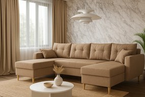 Narożnik z funkcją spania, ROMEO U , tkanina Manila 21 beżowa, wymiary 300 × 156 × 74 cm.