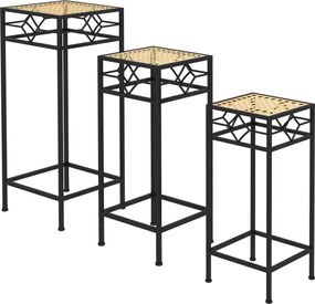 Outsunny Stojak na Rośliny, Zestaw 3 szt., okrągłe, składany, z efektem rattanu, metalowe nogi, do użytku wewnątrz i na zewnątrz, Czarno/Złoto