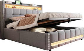 Łóżko z tapicerowanym zagłówkiem 160x200cm - z oświetleniem LED + gniazdem USB - z półkami - len - szary (materac nie jest w zestawie)