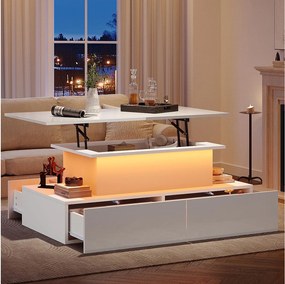 Biały stolik kawowy z 4 szufladami i podnoszonym blatem, oświetlenie LED - do salonu i biura