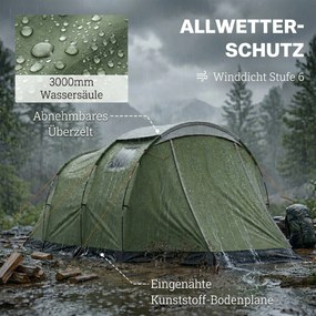 Outsunny Namiot kempingowy 3-4 os., stabilny, 3000 mm wodoodporny, namiot rodzinny z sypialnią i przedsionkiem, zielony | Aosom PL