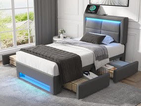 Łóżko z szufladami 90x190 cm z ekoskóry - z LED i portami ładowania (przewodowymi i bezprzewodowymi) - Szare