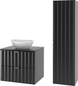 Czarny Zestaw Łazienkowy 60cm Szafka z Blatem Umywalka Słupek Ryflowane Fronty Arcos