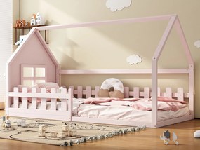 Łóżko kabinowe 90 x 200 cm, łóżko dziecięce z oknem, Drewno sosnowe, Stelaż listwowy, Różowe