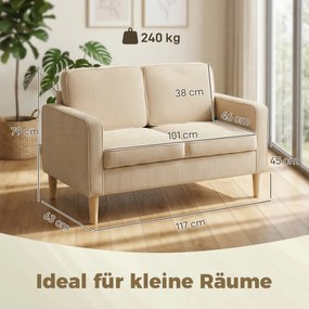 HOMCOM Sofa 2-osobowa z 2 poduszkami dekoracyjnymi, schowek nogi z litego drewna Mała nowoczesna dwuosobowa kanapa sztruks 117 x 63 x 79 cm Beżowy | Aosom PL