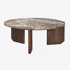 Okrągły Stolik Kawowy Z Naturalnego Kamienia I Drewna Mango Lavinia Ciemny Drewniany Uchwyt & Ø85 Cm & Brązowy Marmur Emperador - Sklum