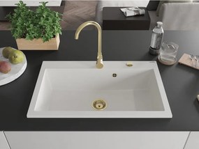 Mexen Elix zlewozmywak granitowy 1-komorowy 800 x 500 mm, biały, syfon złoty - 6527801005-20-G