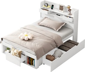 Łóżko dwuosobowe z MDF 90x200 cm - z portem ładowania i wielofunkcyjnymi schowkami - Białe